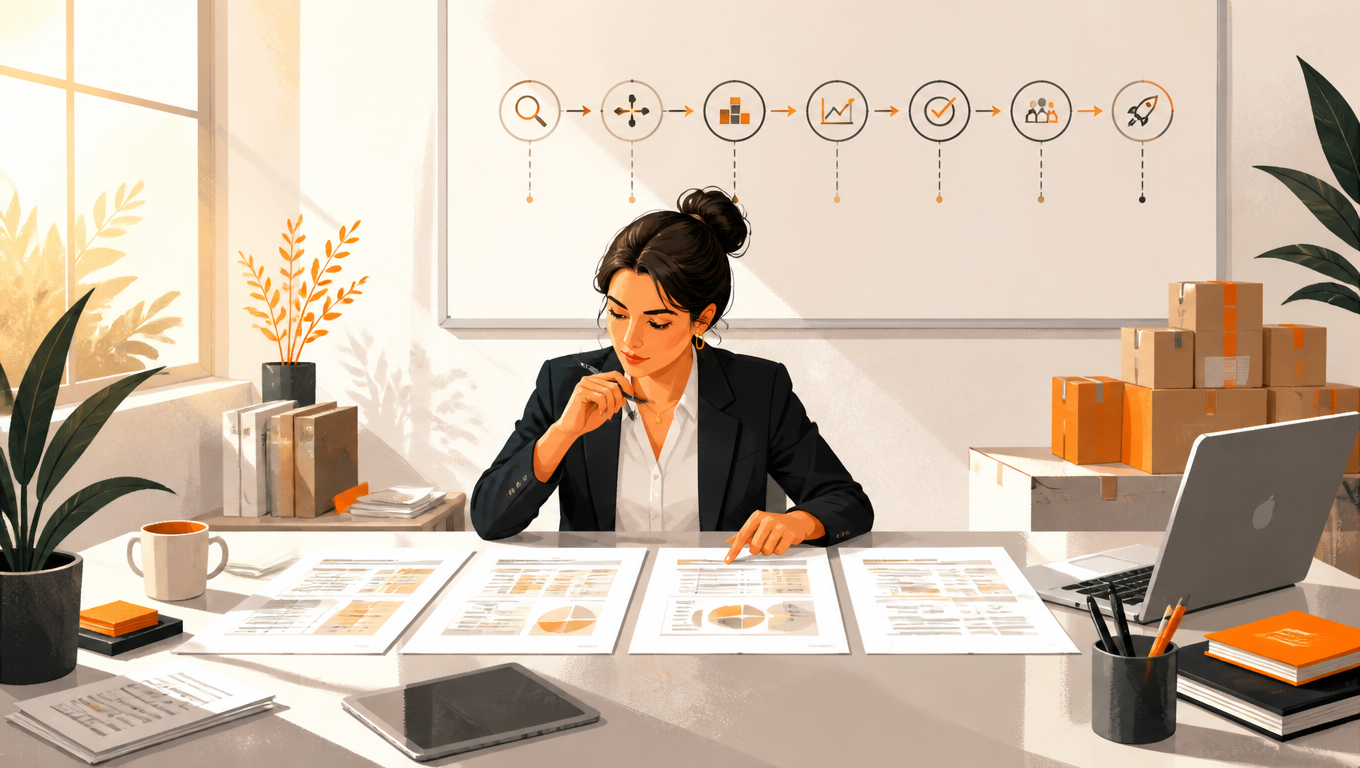 Logistics manager reviews four carrier proposals beside a seven-step checklist on a whiteboard.