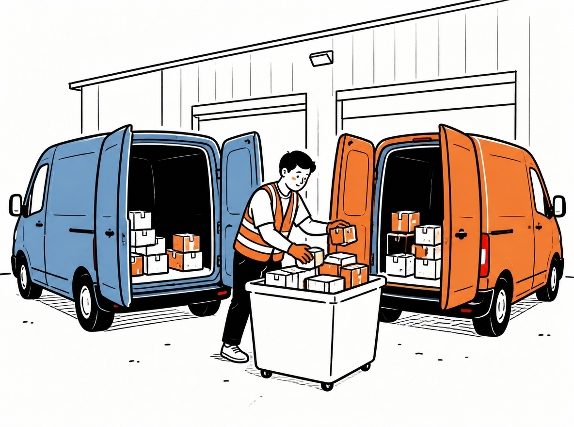 Worker divides parcels between a blue truck and an orange truck at a warehouse dock.