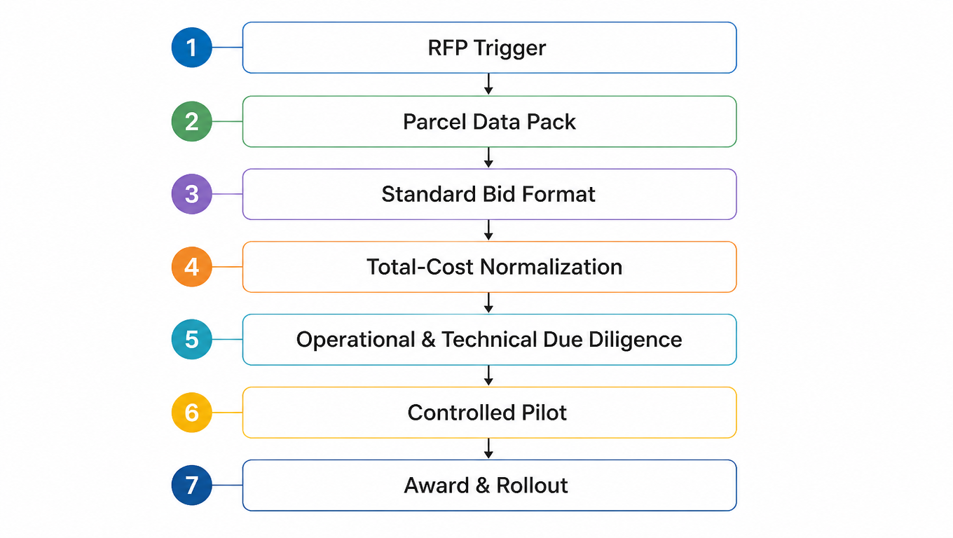 Seven-gate flow: RFP Trigger to Parcel Data Pack to Standard Bid Format to Total-Cost Normalization to Operational & Technical Due Diligence to Controlled Pilot to Award & Rollout