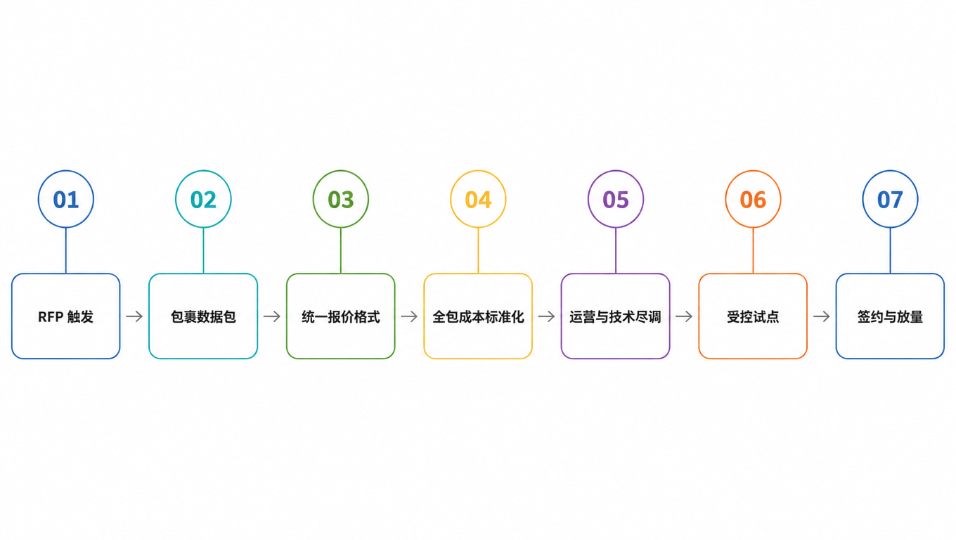 七道 Gate 流程图:RFP 触发 → 包裹数据包 → 统一报价格式 → 全包成本标准化 → 运营与技术尽调 → 受控试点 → 签约与放量
