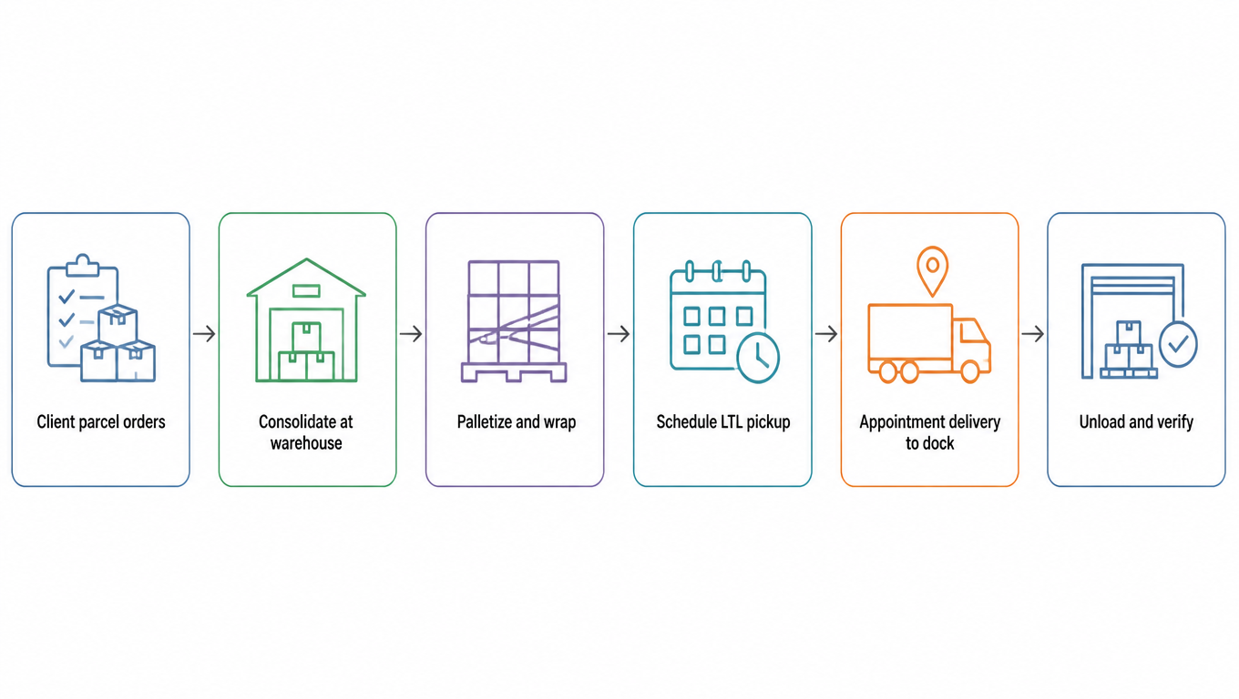 Flowchart: client parcel orders, consolidate at warehouse, palletize and wrap, schedule LTL pickup, appointment delivery to dock, unload and verify