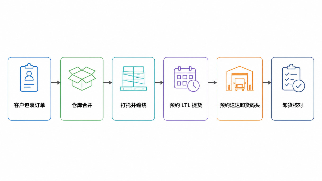 流程图:客户包裹订单 → 仓库合并 → 打托并缠绕 → 预约 LTL 提货 → 预约送达卸货码头 → 卸货核对