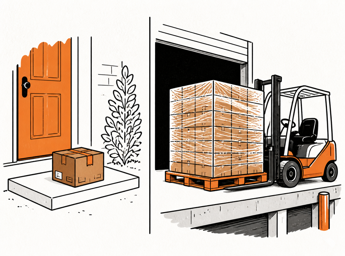 A parcel at a doorstep contrasts with a wrapped freight pallet and forklift at a loading dock.