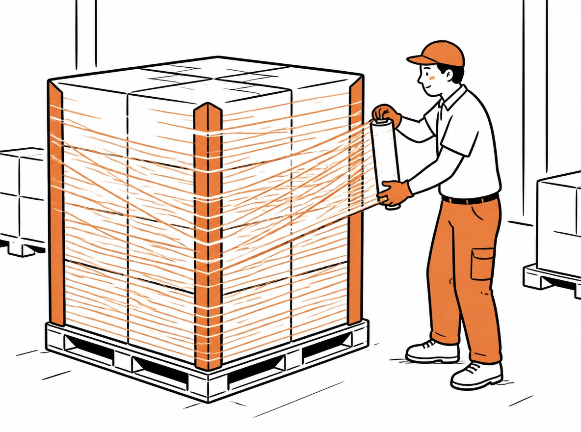 Worker stretch-wraps a pallet with corner protectors in a warehouse.