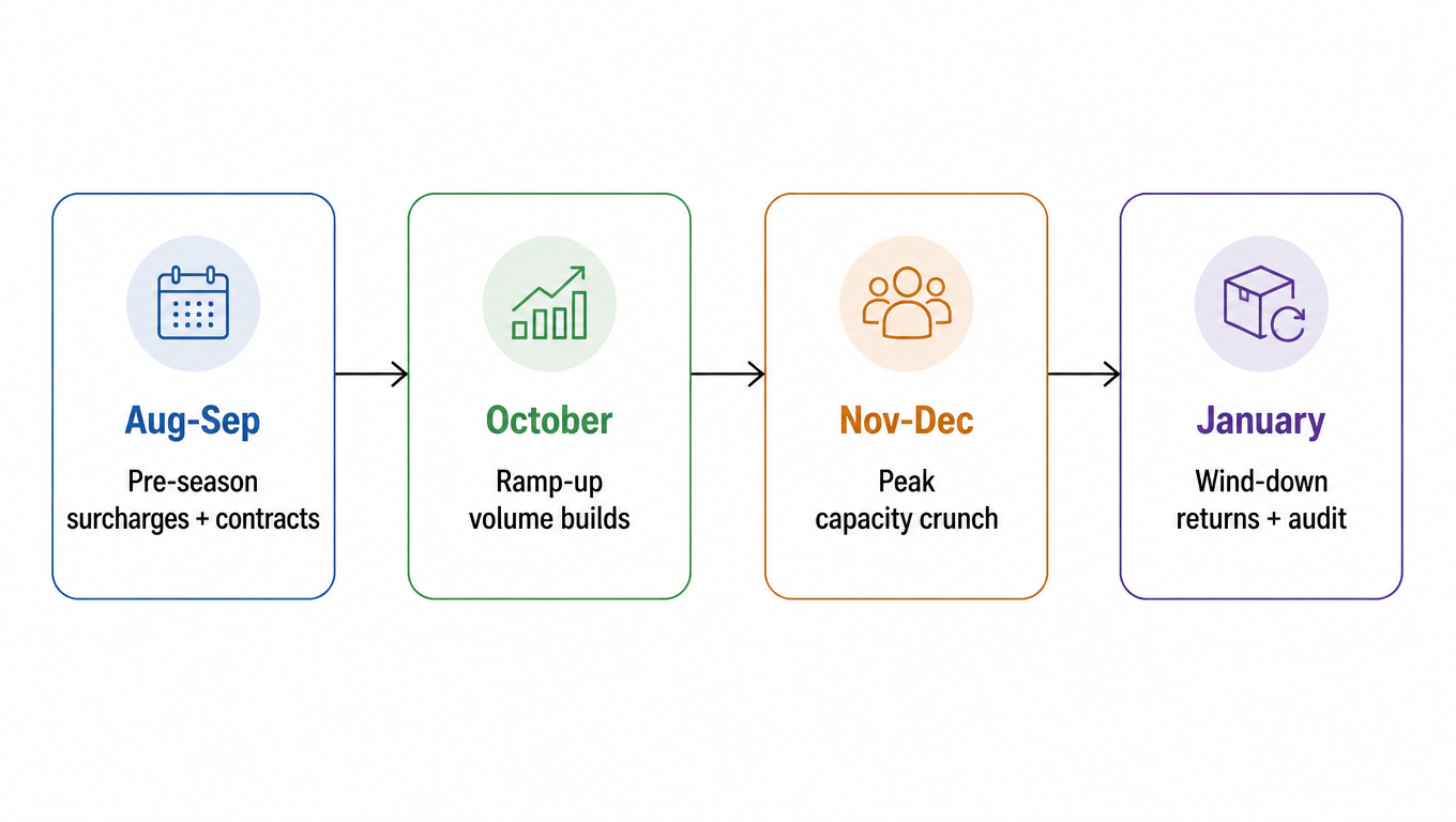 Flow diagram of the four peak phases: Aug-Sep pre-season (surcharges and contracts), October ramp-up (volume builds), Nov-Dec peak (capacity crunch), January wind-down (returns and audit)