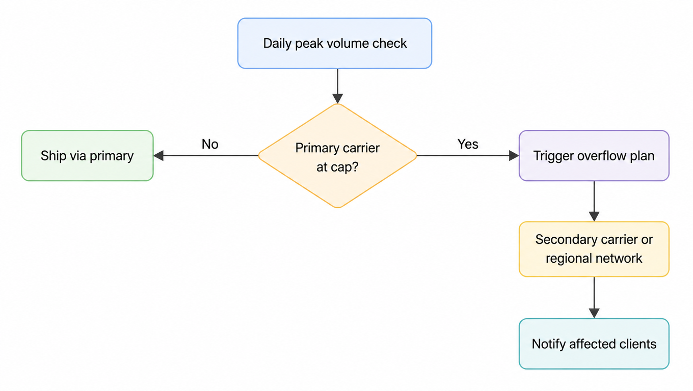 Flowchart of the overflow decision: daily peak volume check, if the primary carrier is at cap trigger the overflow plan, reroute to secondary carrier or regional network, notify affected clients