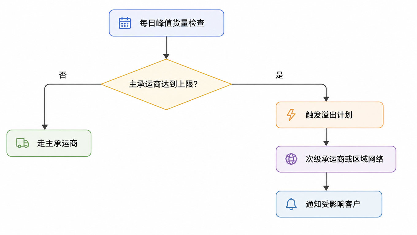 溢出决策流程图:每日峰值货量检查,主承运商达到上限时触发溢出计划,改道次级承运商或区域网络并通知受影响客户