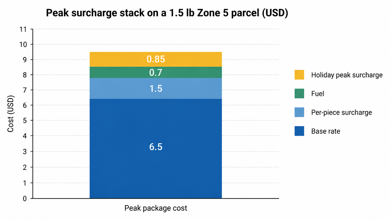 Stacked bar chart of the peak surcharge stack on a 1.5 lb Zone 5 parcel: base rate $6.50, per-piece surcharge $1.50, fuel $0.70, holiday peak surcharge $0.85, totaling $9.55