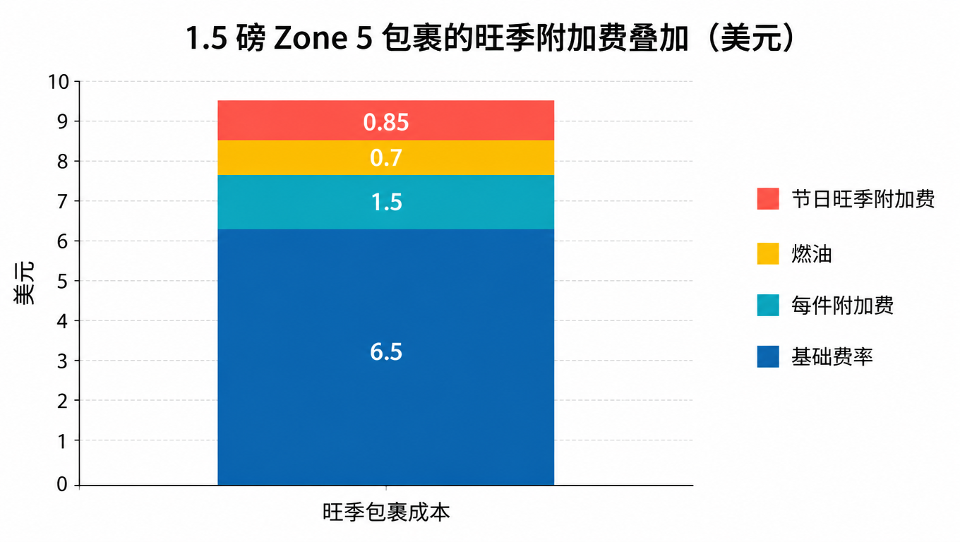 堆叠柱状图:一票 1.5 磅 Zone 5 包裹的旺季成本构成,基础费率 6.50 美元、每件附加费 1.50 美元、燃油 0.70 美元、节日旺季附加费 0.85 美元,合计 9.55 美元