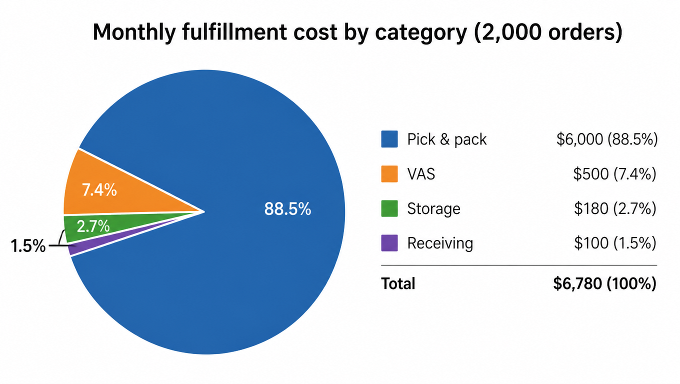 Monthly fulfillment cost pie chart: pick and pack $6,000, VAS $500, storage $180, receiving $100 (2,000 orders)