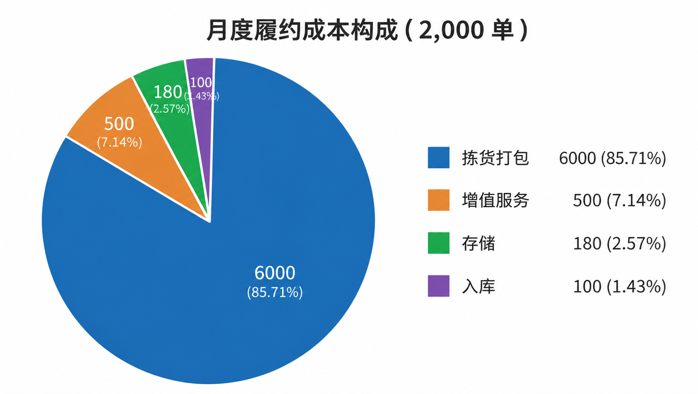 月度履约成本构成饼图:拣货打包 6000 美元、增值服务 500 美元、存储 180 美元、入库 100 美元(2,000 单)