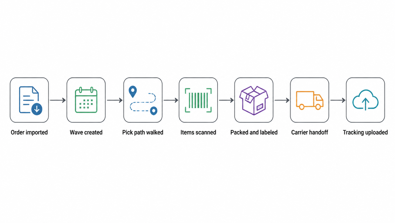 Pick and pack flow: order imported, wave created, pick path walked, items scanned, packed and labeled, carrier handoff, tracking uploaded