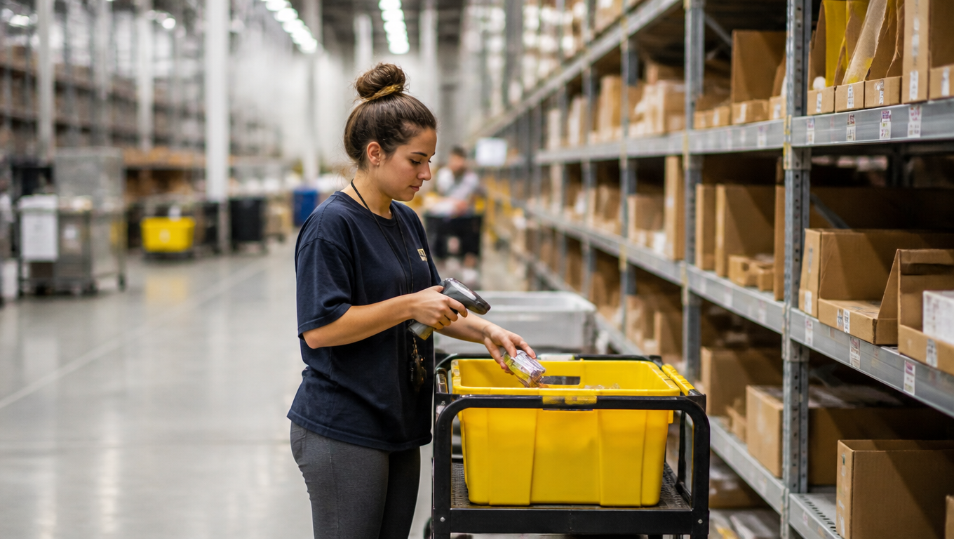 Warehouse picker places scanned items into a yellow tote beside stocked shelves.