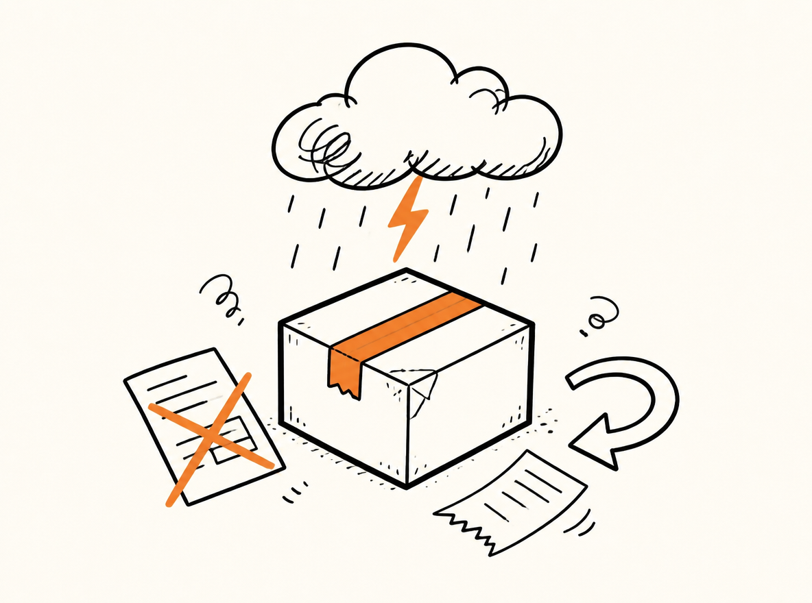 A storm cloud over a parcel surrounded by voided-label, return and torn-receipt symbols.