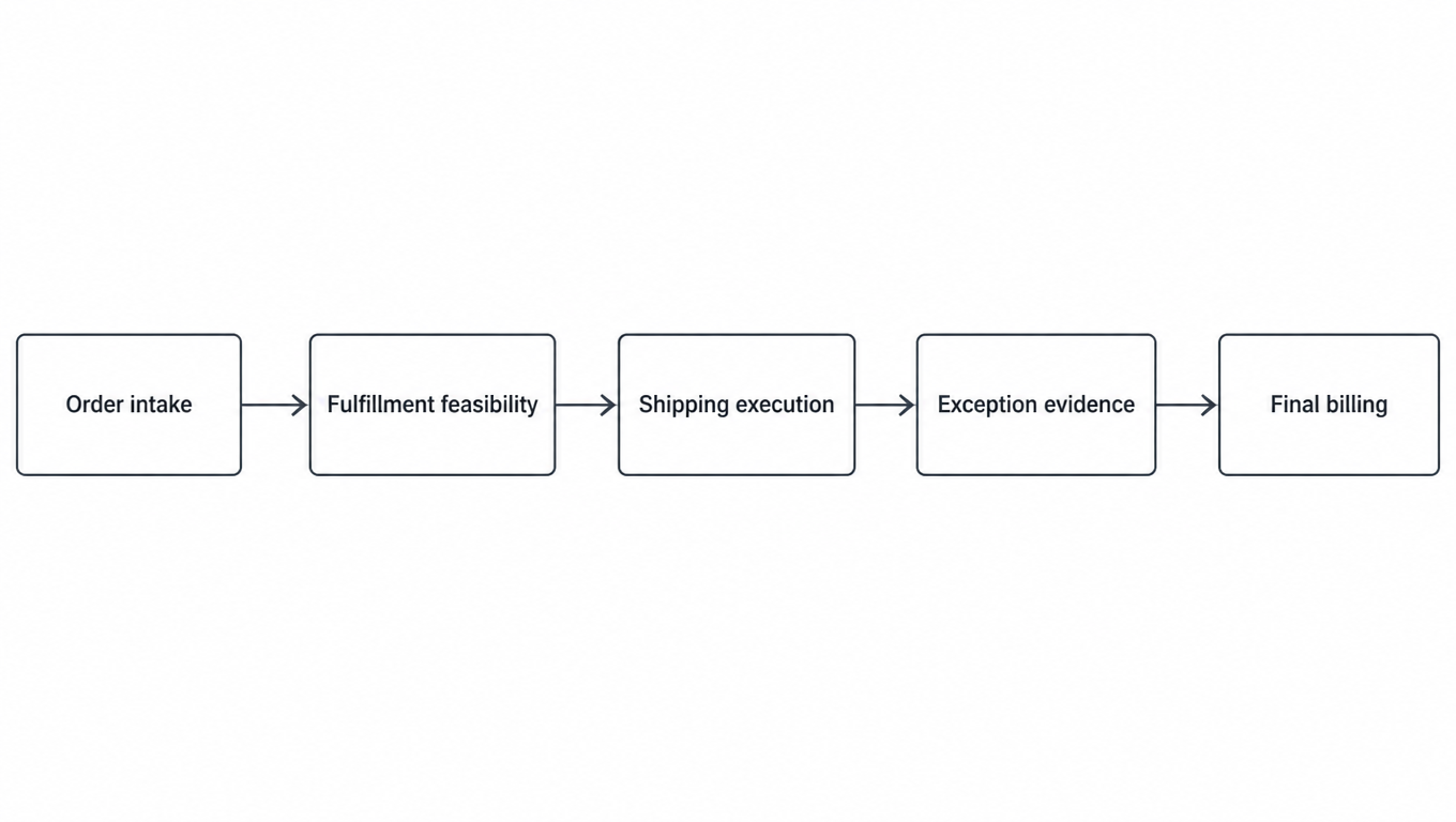 Flowchart: order intake → fulfillment feasibility → shipping execution → exception evidence → final billing, a five-stage closed loop