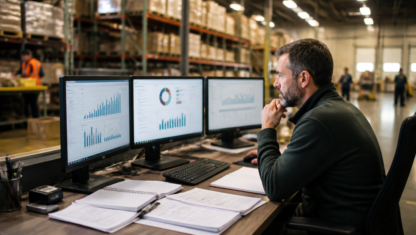 Operations manager reviews order and warehouse dashboards on three screens beside planning documents.