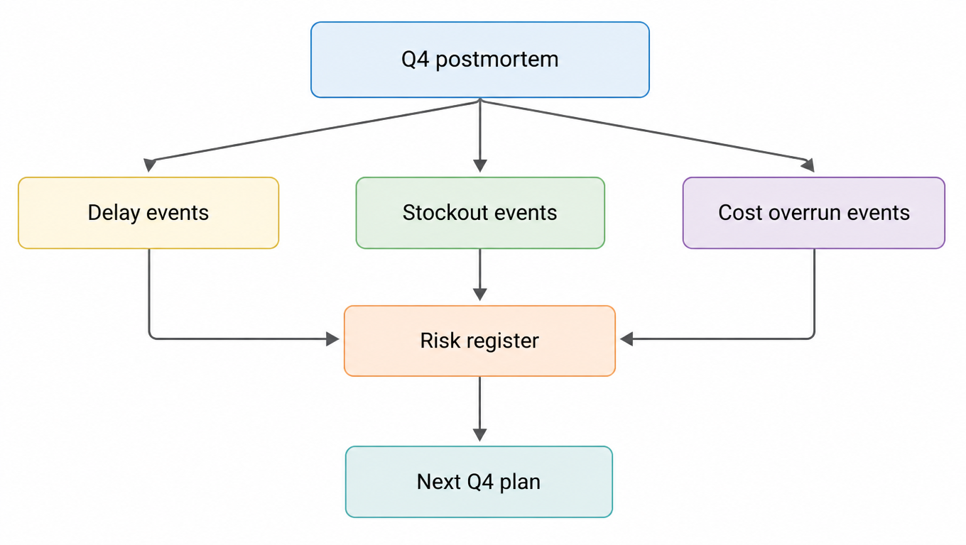 Risk register flow: last year's Q4 postmortem splits into delay, stockout, and cost overrun events, feeding a risk register that outputs next year's Q4 plan