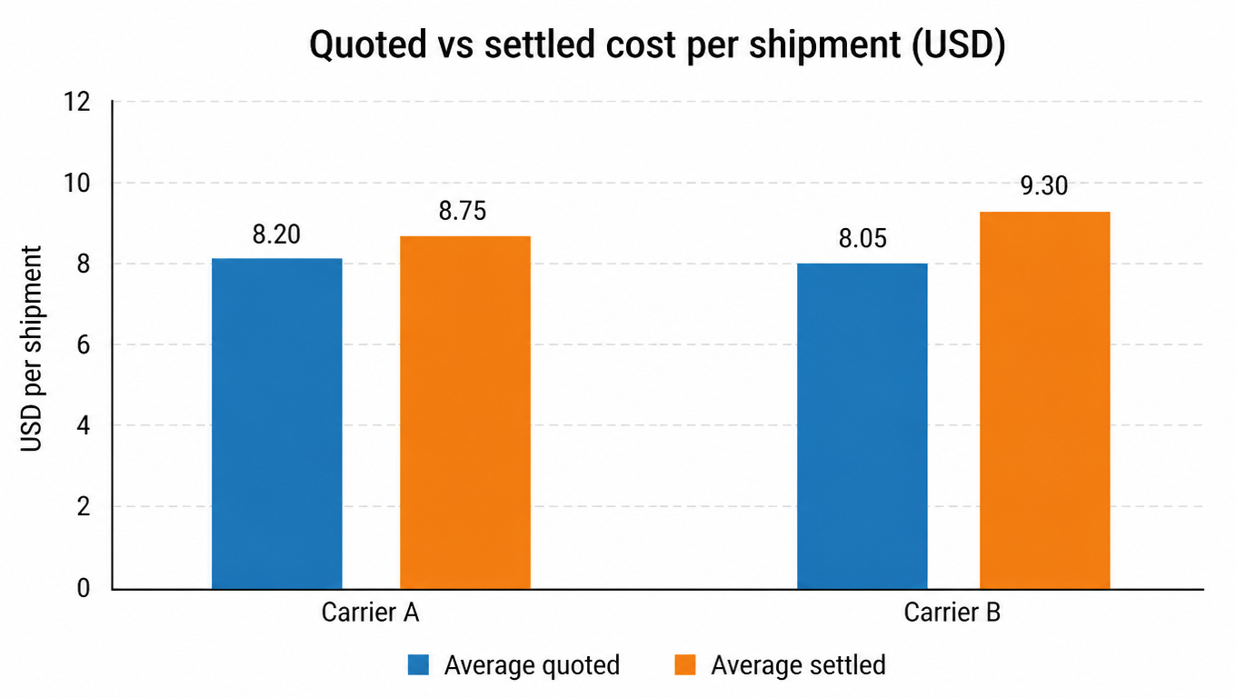 Bar chart: Carrier A average quoted 8.20 USD and settled 8.75 USD, Carrier B average quoted 8.05 USD and settled 9.30 USD
