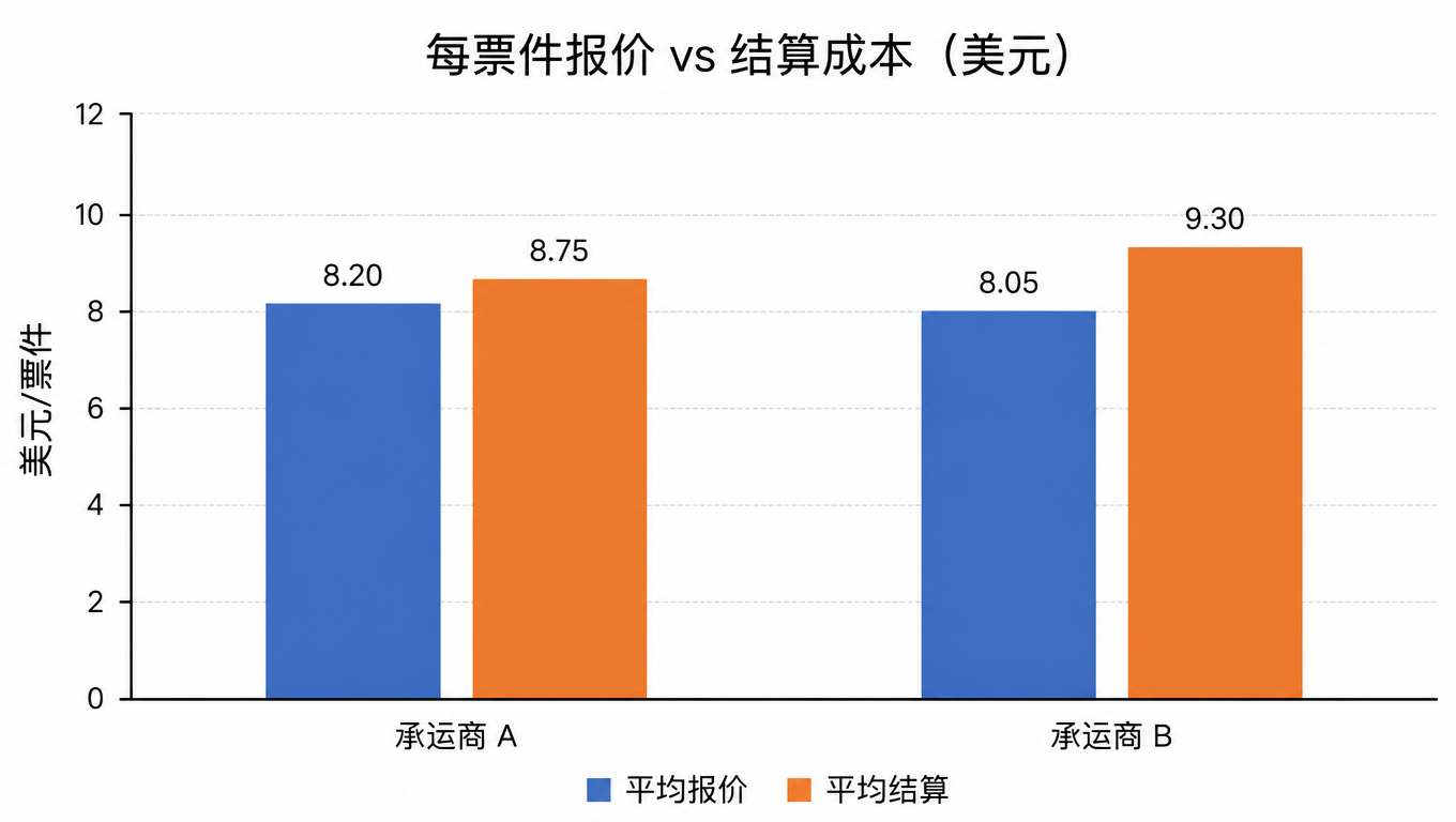 柱状图:承运商 A 平均报价 8.20 美元、平均结算 8.75 美元,承运商 B 平均报价 8.05 美元、平均结算 9.30 美元