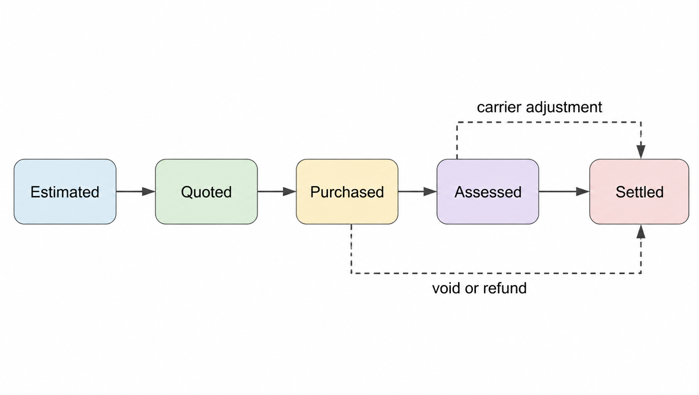 Flowchart: Estimated, Quoted, Purchased, Assessed, Settled, with carrier adjustment from Assessed and void or refund from Purchased leading to Settled
