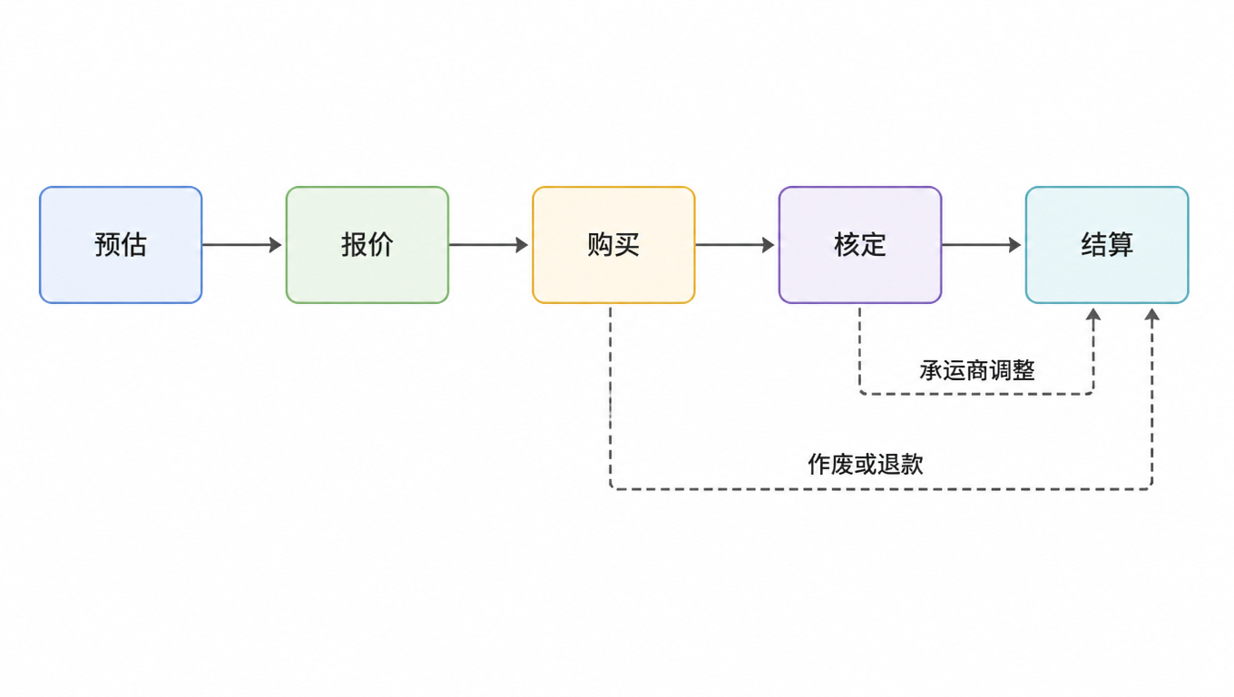 流程图:预估 → 报价 → 购买 → 核定 → 结算,核定经承运商调整到达结算,购买经作废或退款到达结算