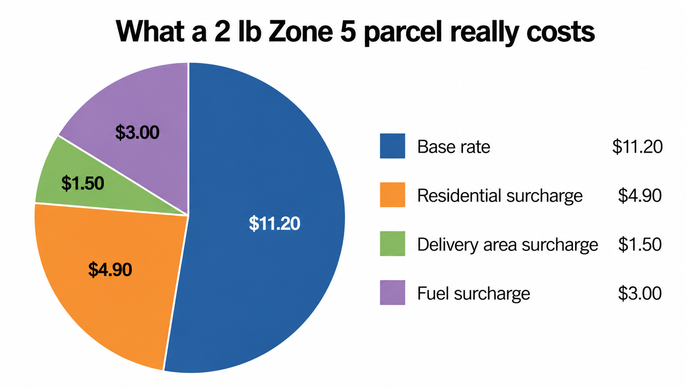 What a 2 lb Zone 5 parcel really costs: base rate $11.20, residential surcharge $4.90, delivery area surcharge $1.50, fuel surcharge $3.00