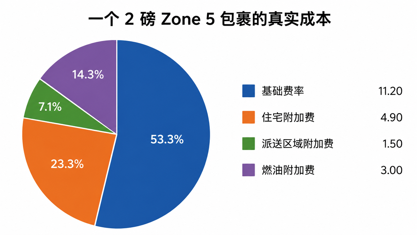 一个 2 磅 Zone 5 包裹的真实成本构成:基础费率 11.20 美元、住宅附加费 4.90 美元、派送区域附加费 1.50 美元、燃油附加费 3.00 美元