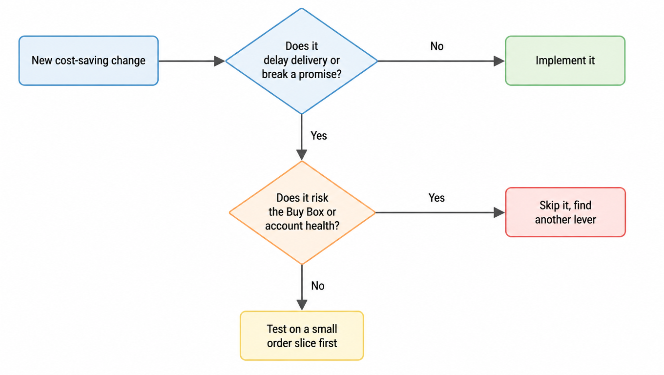 Cost-saving decision flow: new change, does it delay delivery or break a promise, if no implement it, if yes does it risk the Buy Box or account health, if yes skip it and find another lever, otherwise test on a small order slice first
