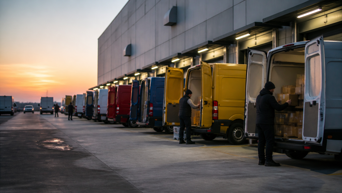 Delivery vans in assorted colors lined up at the loading dock of a modern 3PL fulfillment center at dawn