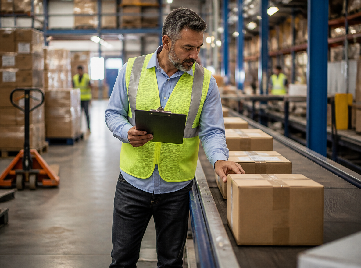 An operations manager with a clipboard walking along a conveyor of labeled parcels in a bright modern fulfillment center, checking barcodes