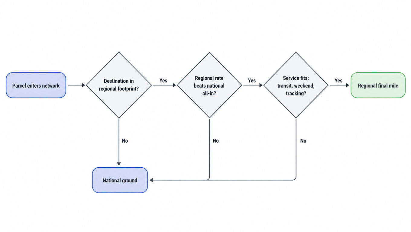 Flowchart: parcel enters network, checks regional footprint, regional rate vs national all-in, and service fit, then routes to national ground or regional final mile