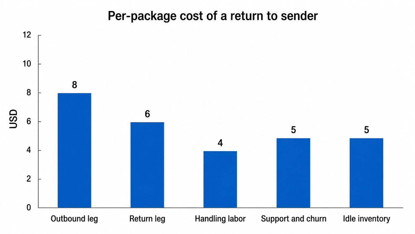 Bar chart: per-package cost of a return to sender, outbound leg $8, return leg $6, handling labor $4, support and churn $5, idle inventory $5