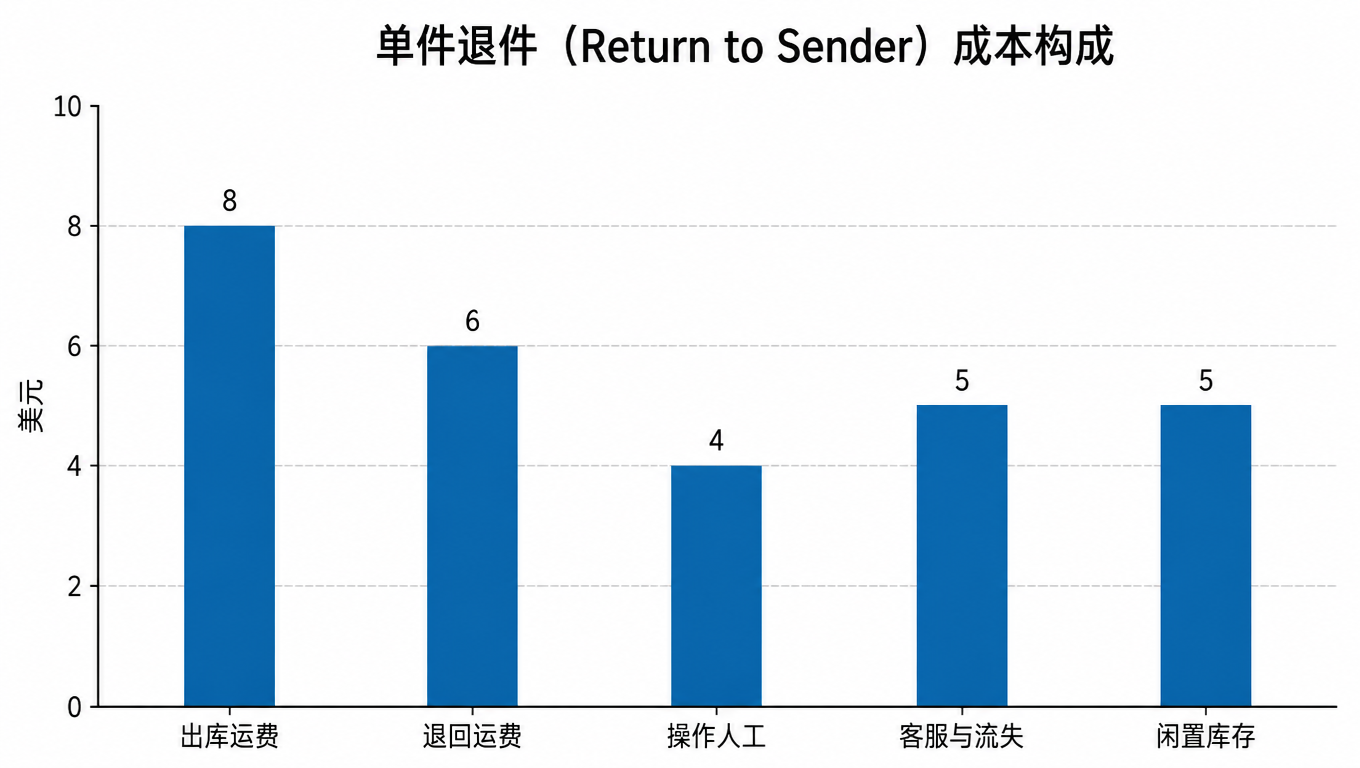 柱状图：单件原路退回成本构成，出库运费 8 美元、退回运费 6 美元、操作人工 4 美元、客服与流失 5 美元、闲置库存 5 美元