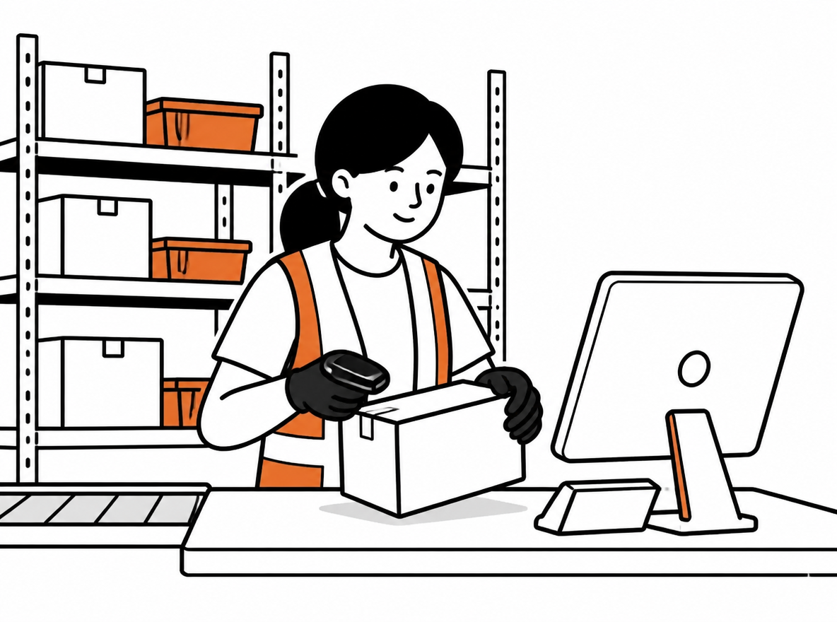 Worker inspects a returned parcel and records it at a fulfillment receiving terminal.