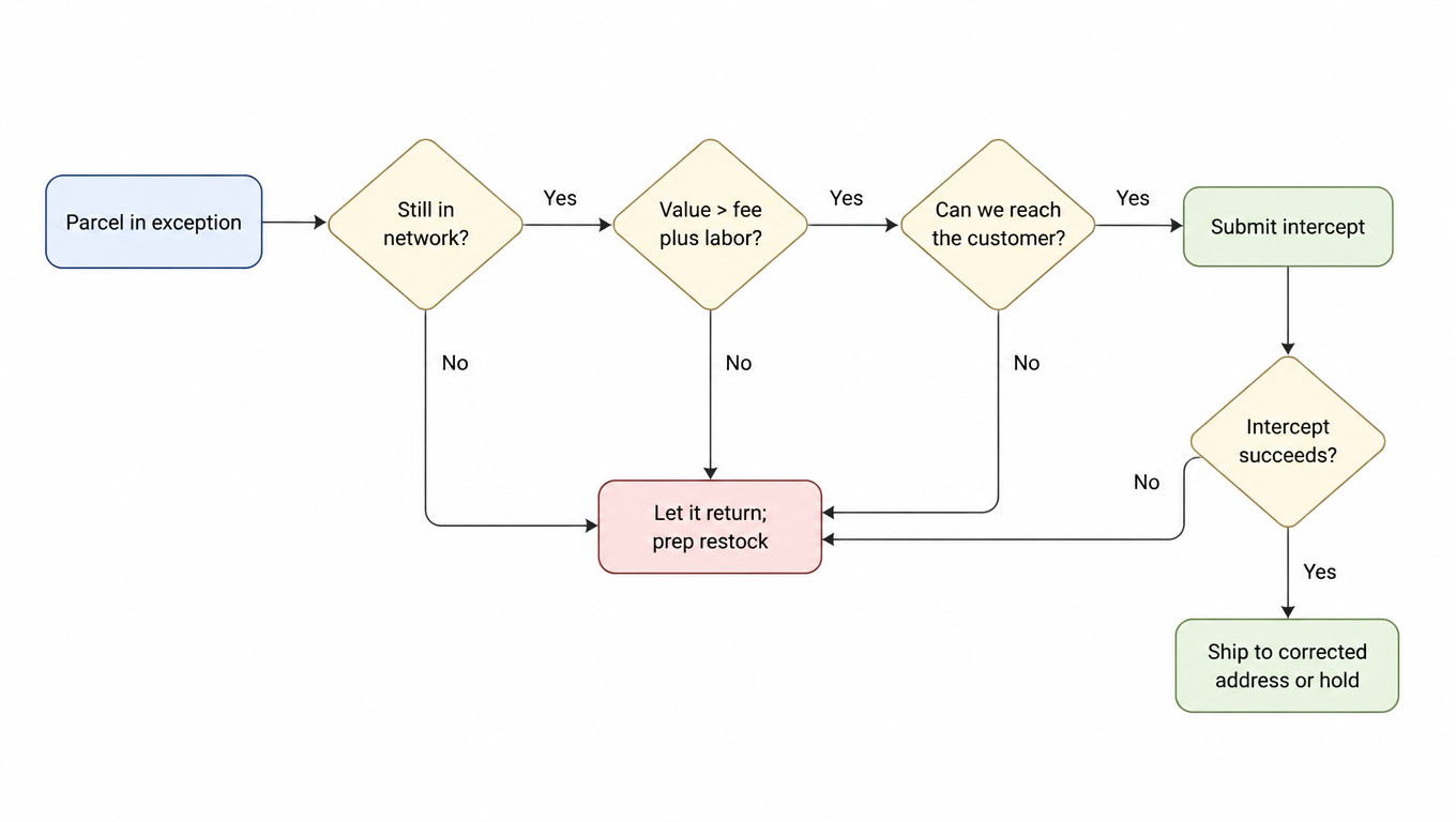 Decision flow: parcel in exception, still in network? no lets it return and preps restock, yes checks if value exceeds fee plus labor, no lets it return, yes checks if the customer can be reached, no lets it return, yes submits intercept, success ships to corrected address or hold, failure lets it return