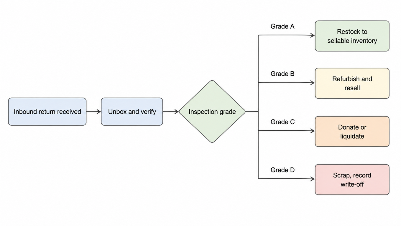 Disposition decision tree: inbound return received, unbox and verify, inspection grade; grade A restocks to sellable inventory, grade B refurbishes and resells, grade C donates or liquidates, grade D scraps with write-off recorded