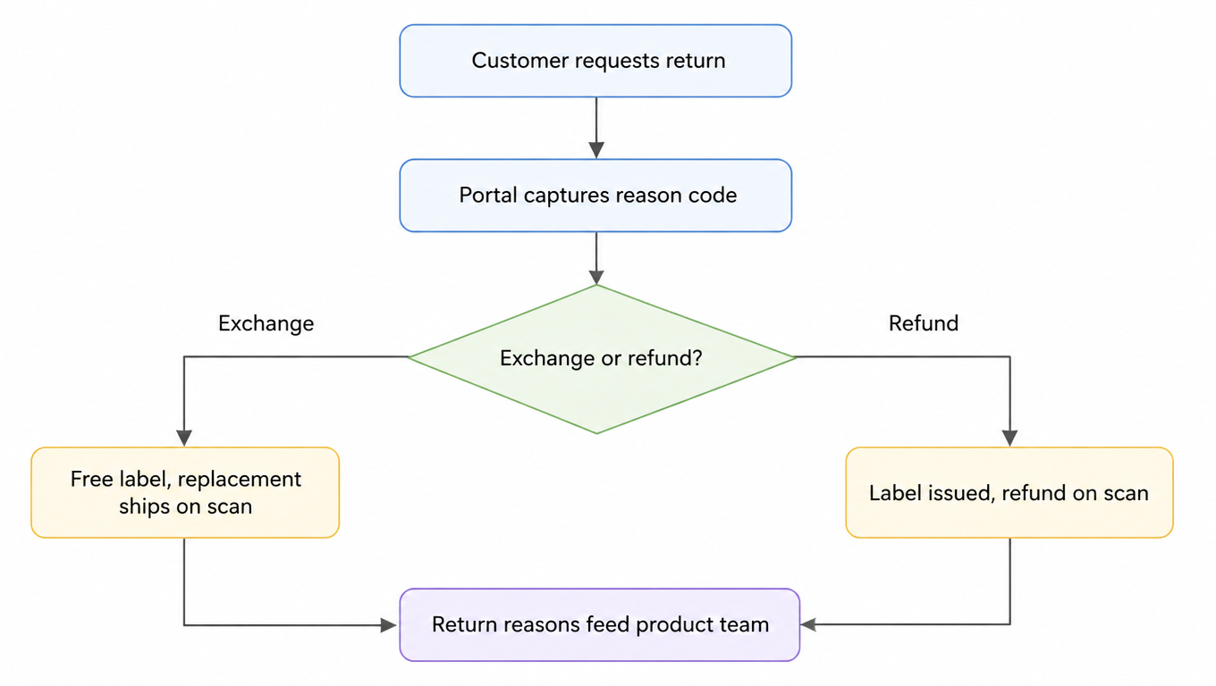 Flowchart of the exchange-first flow: customer requests return, portal captures reason code, branch on exchange or refund; exchange issues a free label and ships the replacement on scan, refund issues a label and refunds on scan; both paths feed return reasons to the product team