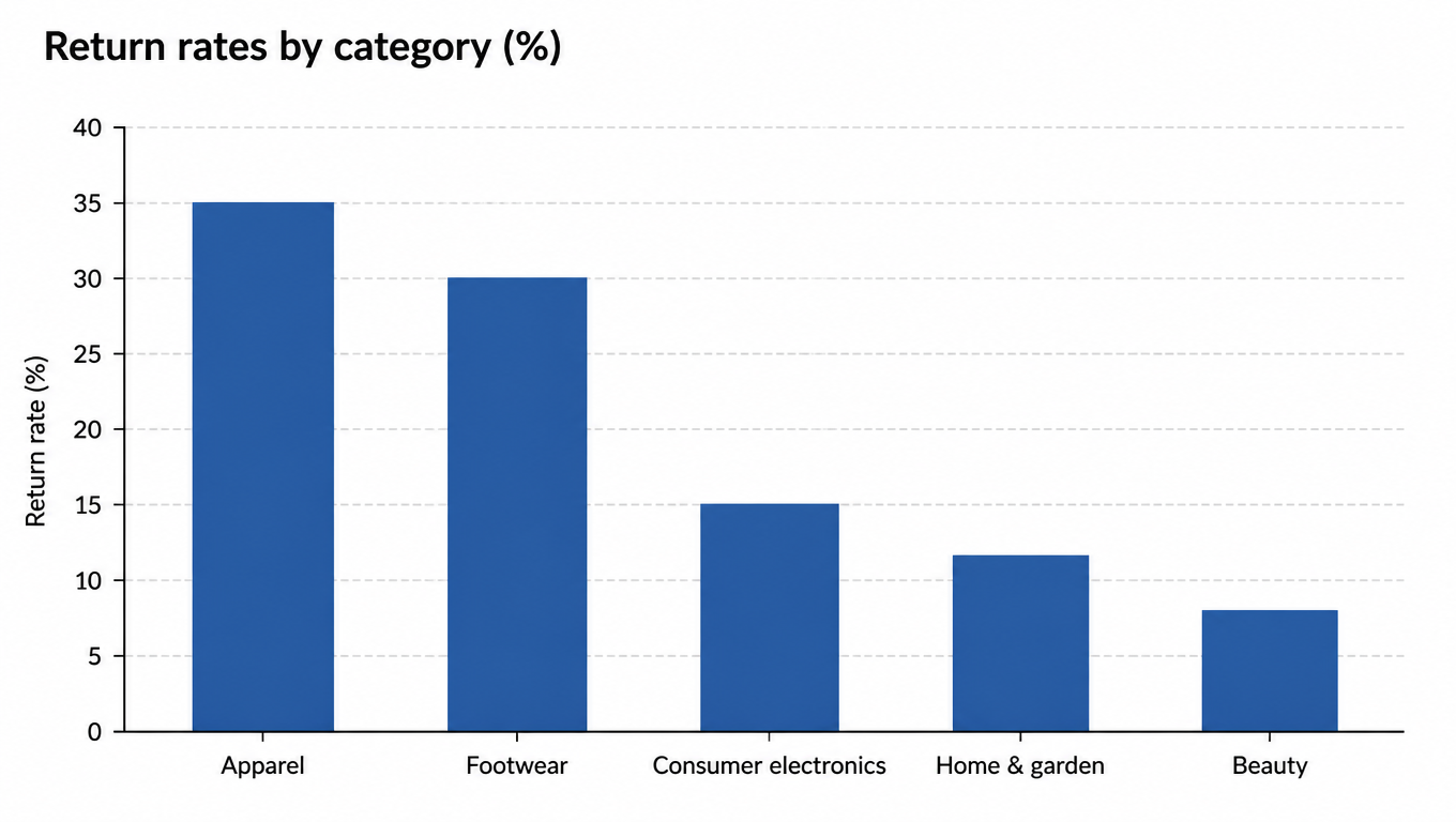 Bar chart of return rates by category: apparel 35%, footwear 30%, consumer electronics 15%, home and garden 12%, beauty 8%