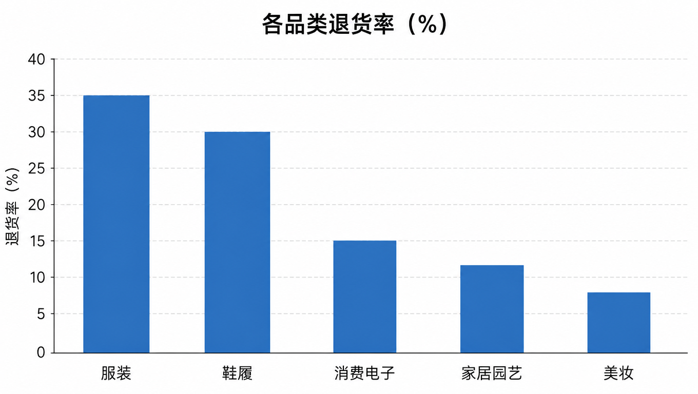 柱状图:各品类退货率,服装 35%、鞋履 30%、消费电子 15%、家居园艺 12%、美妆 8%