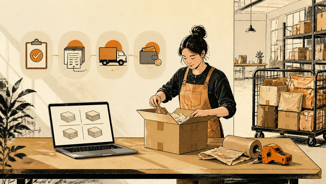 Seller opens a returned parcel beside a laptop and four separate stacks of records at a small returns desk.