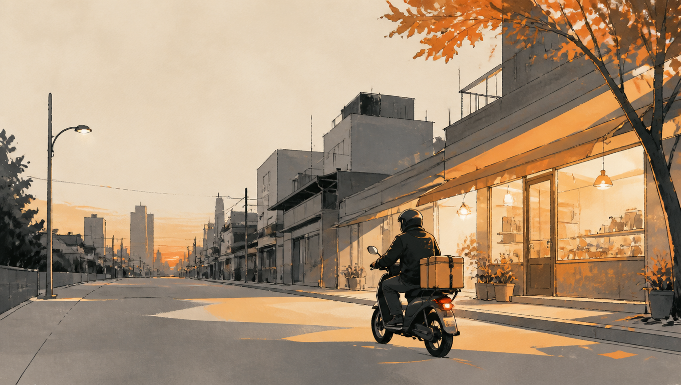 Courier rides an electric bicycle carrying a small parcel along a city street at dusk.