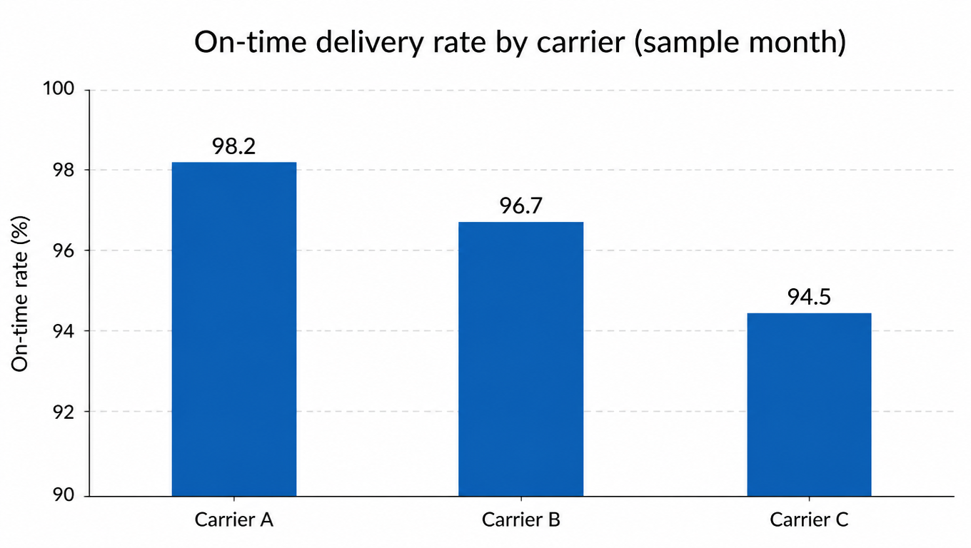 On-time delivery rate by carrier bar chart (sample month): Carrier A 98.2%, Carrier B 96.7%, Carrier C 94.5%