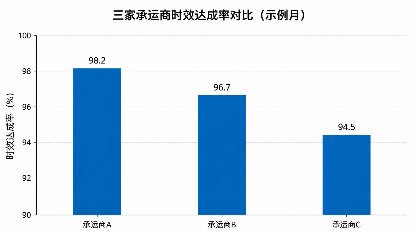 三家承运商时效达成率对比柱状图（示例月）：承运商 A 98.2%、承运商 B 96.7%、承运商 C 94.5%