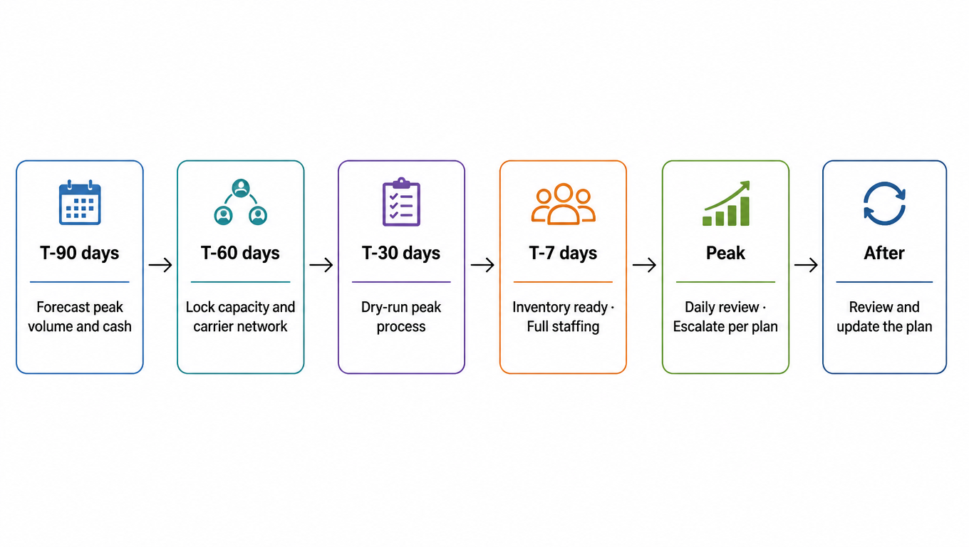 Peak-season plan 90-day timeline: T-90 forecast peak volume and cash, T-60 lock warehouse space and capacity, T-30 dry-run the peak process, T-7 inventory ready and full staffing, during peak daily review and escalate per plan, after peak review and update the plan