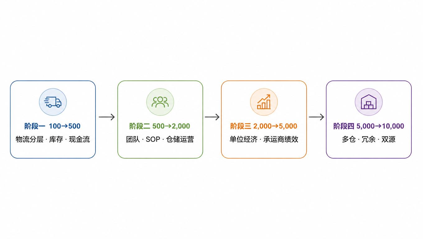 四个阶段演进图：阶段一 100-500 单打地基（物流分层、库存、现金流），阶段二 500-2,000 单流程标准化（团队、SOP、仓储运营），阶段三 2,000-5,000 单数据驱动（单位经济、承运商绩效），阶段四 5,000-10,000 单多仓与冗余（多仓、冗余、双源）