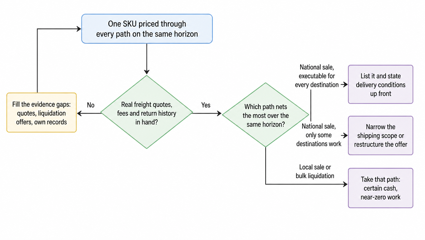 Decision flowchart: price one SKU through every path on the same horizon; are real freight quotes, fees, and return history in hand (no: fill the gaps and recompute); which path nets the most over the same horizon; national sale executable for every destination then list and state delivery conditions; only some destinations work then narrow the scope or restructure the offer; local or bulk liquidation wins then take that path