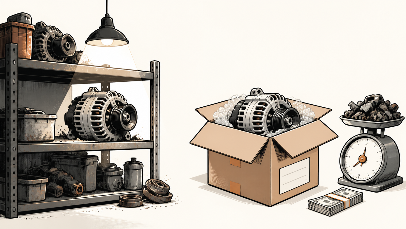 An idle generator and spare parts in a garage contrast with the generator packed for shipping beside cash on a scale.