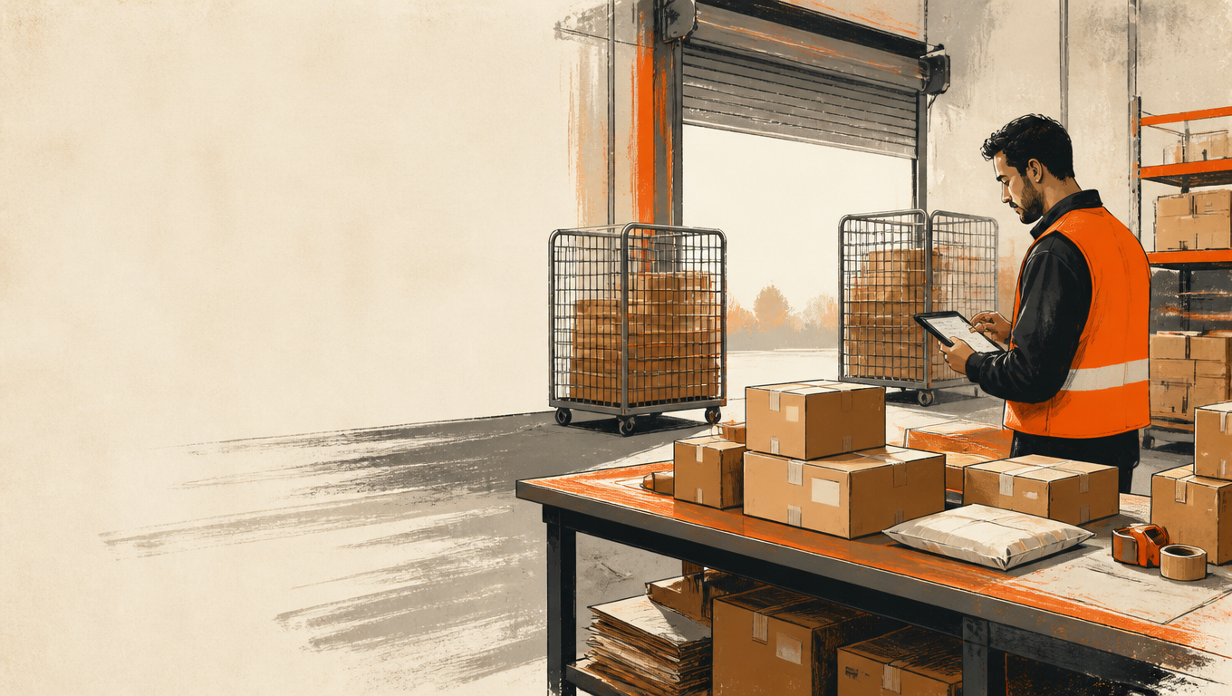Warehouse dispatcher checks a tablet beside labeled boxes, carrier carts and a loading door.