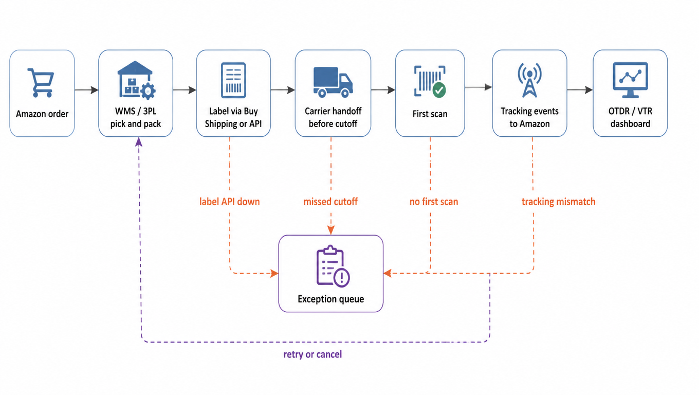 Flowchart: Amazon order, WMS/3PL pick and pack, label via Buy Shipping or API, carrier handoff before cutoff, first scan, tracking events to Amazon, OTDR/VTR dashboard; label API down, missed cutoff, no first scan, and tracking mismatch all fall back to the exception queue, which retries or cancels