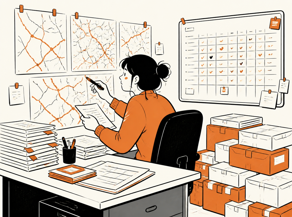 Peak-season dispatcher reviews route maps and schedules beside pickup paperwork and parcels.
